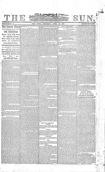 [Lincoln’s Funeral – Original Newspaper.] THE SUN.