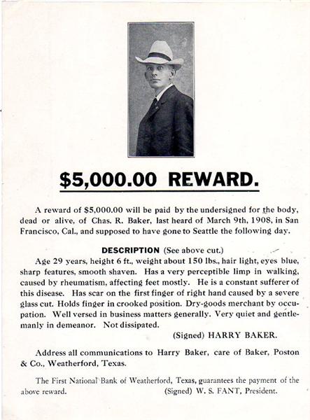 $5,000.00 REWARD....DEAD OR ALIVE, CHAS. R. BAKER
